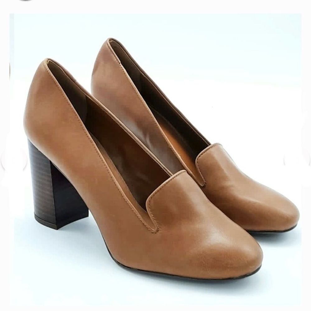 Franco Sarto Albright Brown Leather Classic 3.5 " Block Heel Pumps